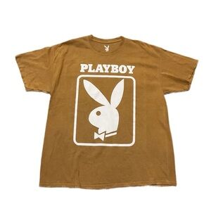 Playboy men’s Brown Graphic T-Shirt trashed sun fade tan white shortsleeved